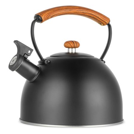 MegaChef 3.2 Quart Whistling Tea Kettle with Wood Grain Nylon Cool Touch Handle, Matte Black