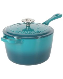 Crock-Pot Artisan 3 Quart Enameled Cast Iron Saucepan with Lid in Teal and Silver