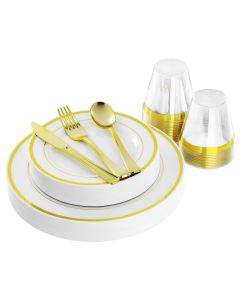 Elama 150 Piece Disposable Plastic Dinnerware Party Set for 25 Guests in White with Gold Trim