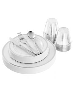 Elama 150 Piece Disposable Plastic Dinnerware Party Set for 25 Guests in White with Silver Trim