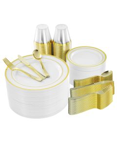 Elama 600 Piece Disposable Plastic Dinnerware Party Set for 100 Guests in White with Gold Trim