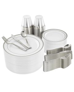 Elama 600 Piece Disposable Plastic Dinnerware Party Set for 100 Guests in White with Silver Trim