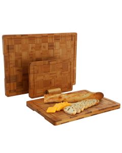 MegaChef 3 Piece Bamboo Checkered Pattern Cutting Board Set with Storage Holder