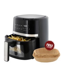 MegaChef 4 Quart Digital LED Display Electric Air Fryer with Transparent Window in Black with 125 Piece Paper Liners