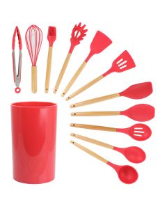 MegaChef Red Silicone and Wood Cooking Utensils, Set of 12